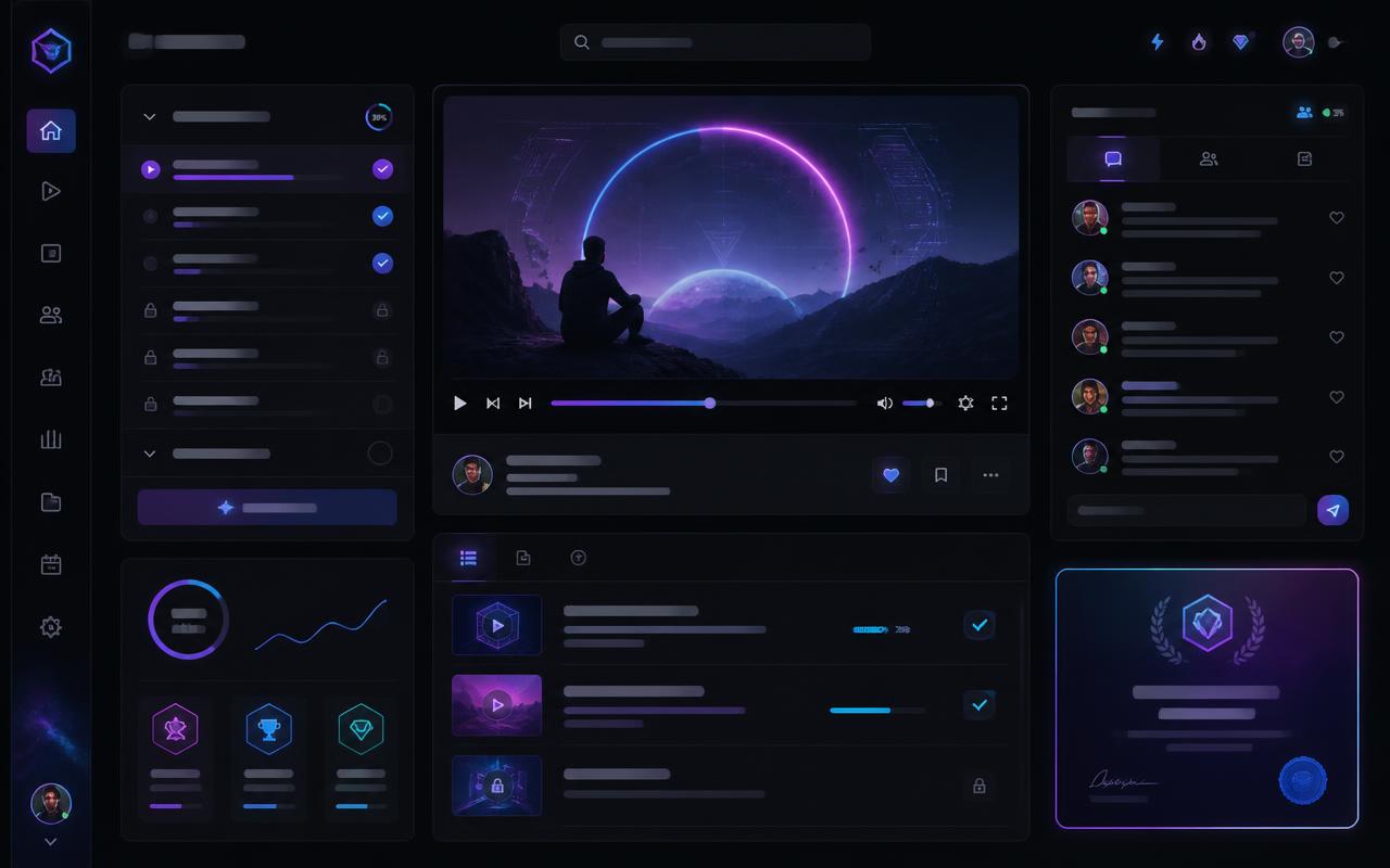 Esempio di piattaforma corsi con lezioni video, progressi e community